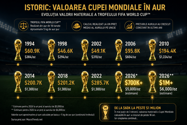 Cupa Mondială valorează peste 700.000 de dolari în aur, iar în 2026 ar putea depăși un milion