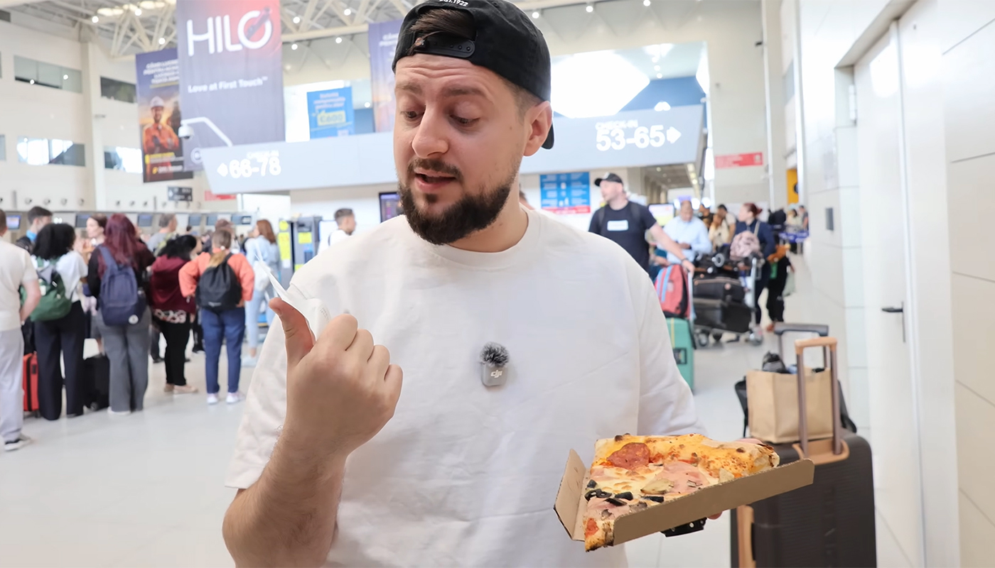 Food vloggerul Răzvan Mazilu, șocat de prețul unei felii de pizza pe Aeroportul Otopeni: 39 de lei