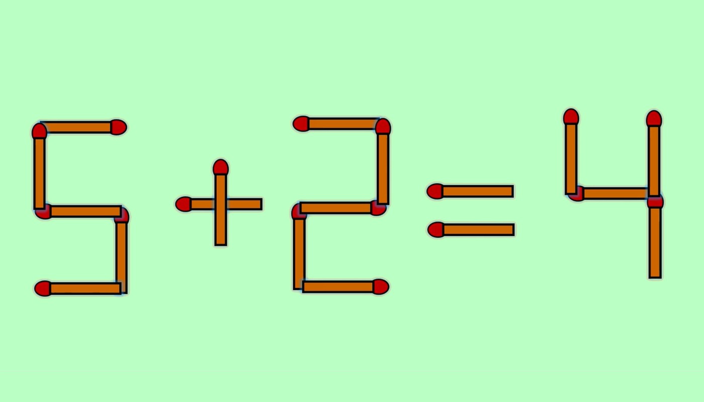 Test IQ cu chibrituri: Mută un băț pentru a corecta ecuația 5 + 2 = 4. Soluția este 6 – 2 = 4